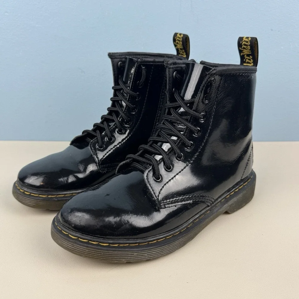 Dr. Martens Doc 1460 J Juniors Combat Boots Size 3 Glossy Black Leather Side Zip